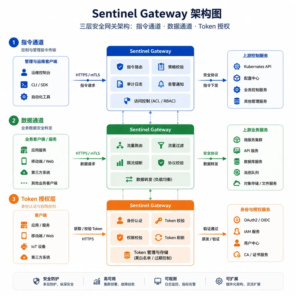 Sentinel Gateway 架构图,展示指令通道、数据通道、Token 授权三层结构