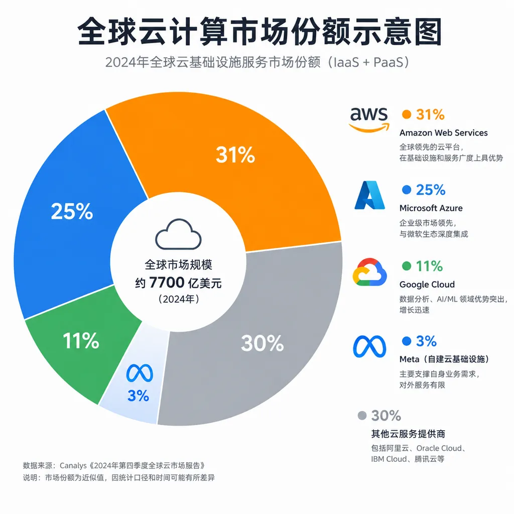 云计算市场份额示意图,AWS、Azure、GCP、Meta 的位置对比