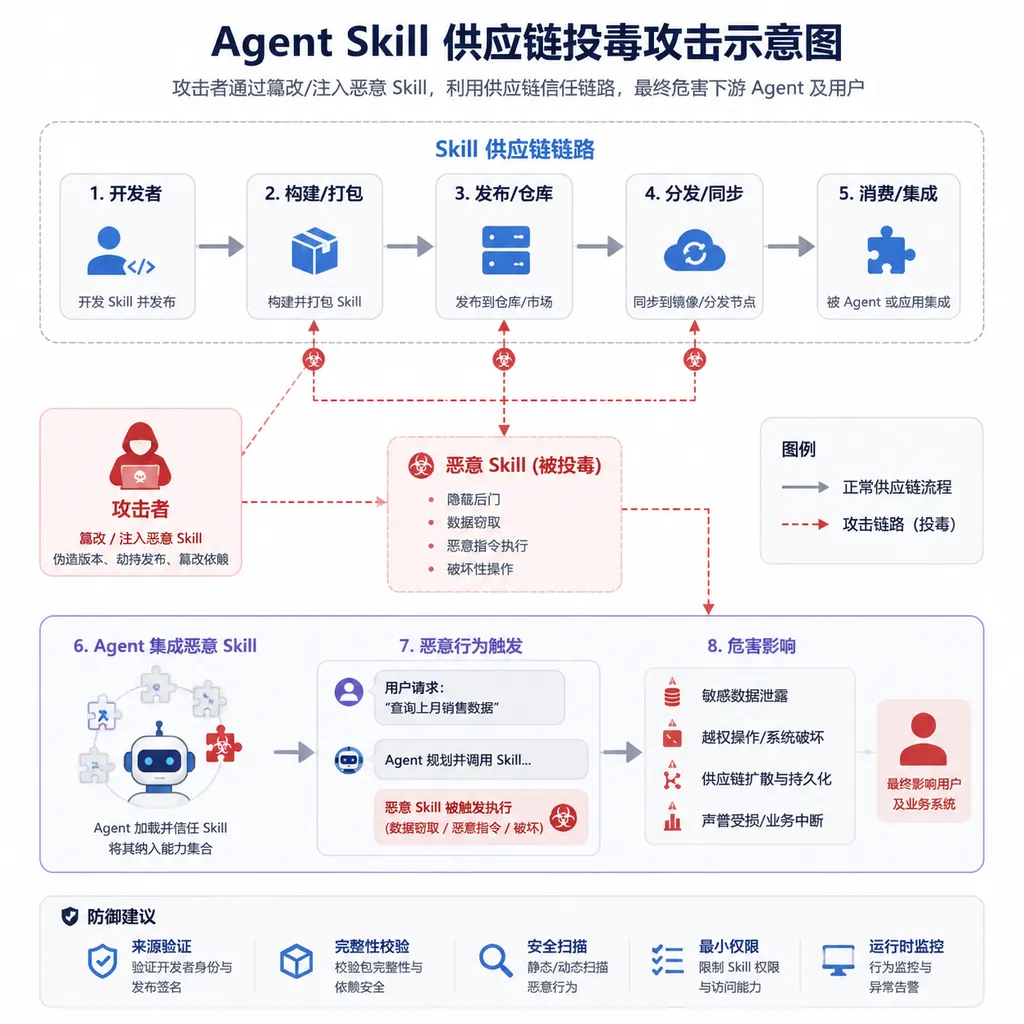 Agent Skill 供应链投毒攻击示意图