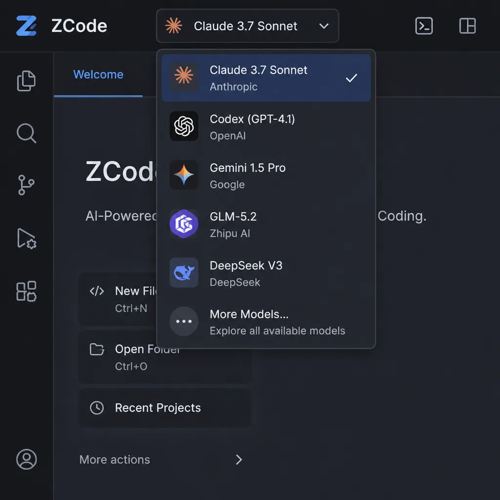 ZCode 中切换模型的下拉菜单,显示 Claude、Codex、Gemini、GLM-5.2 等选项