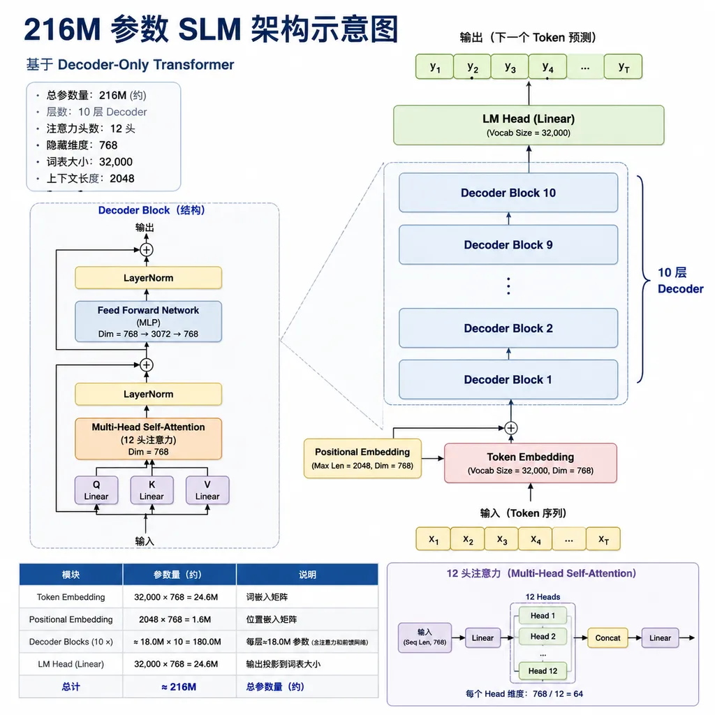 216M 参数 SLM 的架构示意图,展示 10 层 Decoder 结构与 12 头注意力