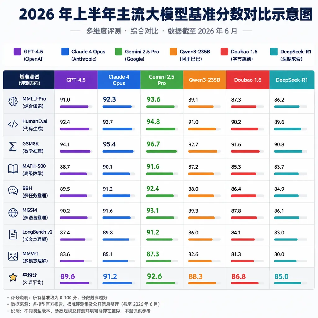 2026 年上半年主流大模型基准分数对比示意图