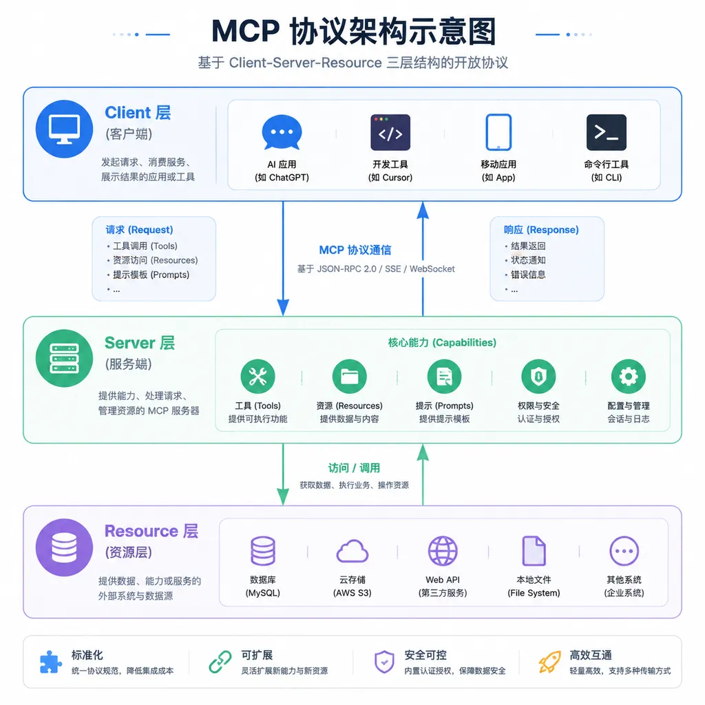 MCP 协议架构示意图,展示 Client-Server-Resource 三层结构