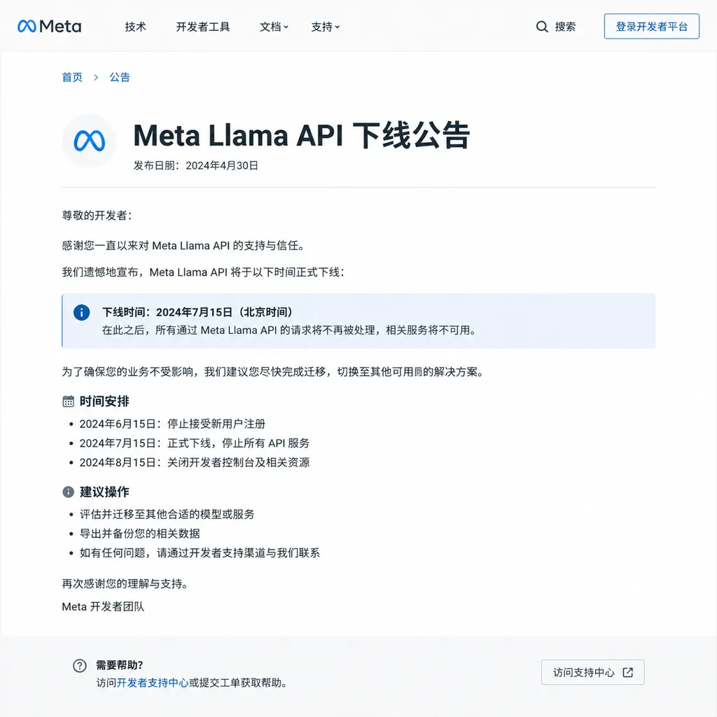 Meta Llama API 下线公告页面截图
