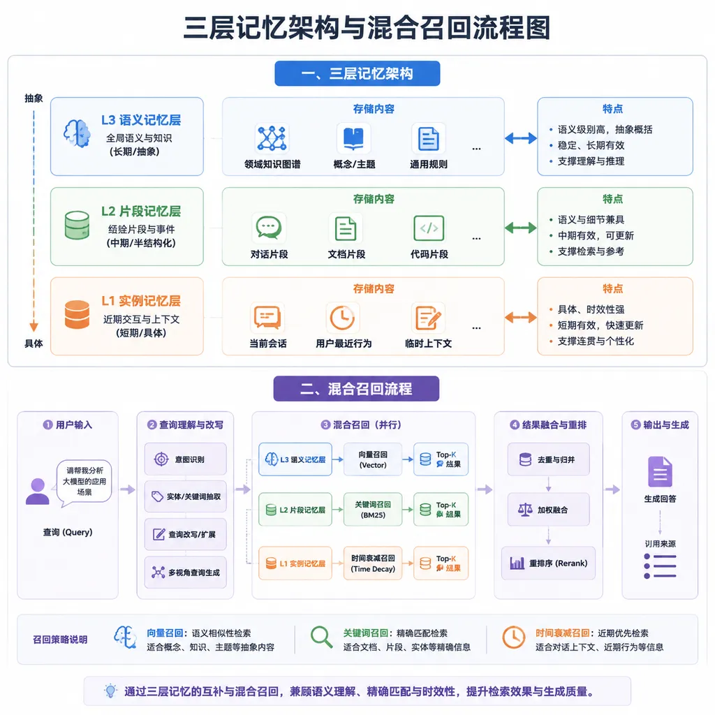 三层记忆架构与混合召回流程图