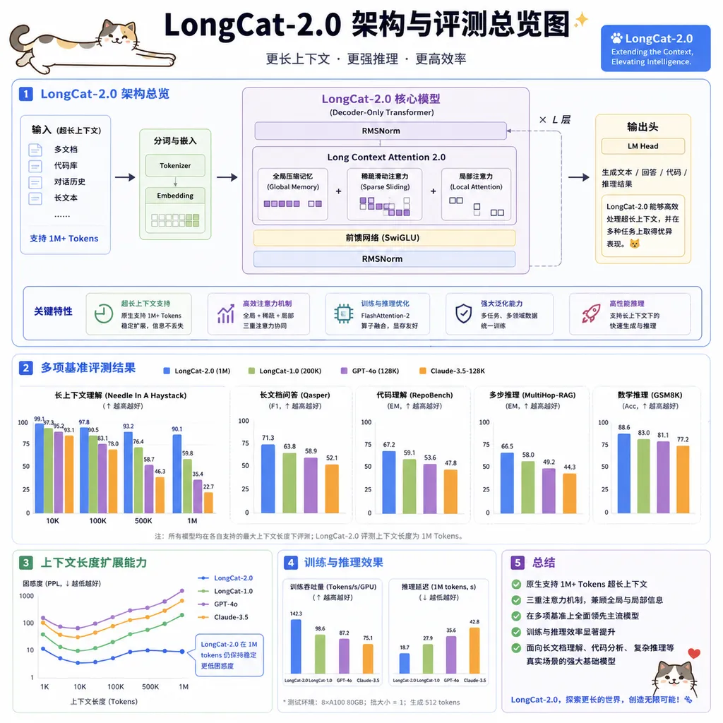 LongCat-2.0 架构与评测总览图