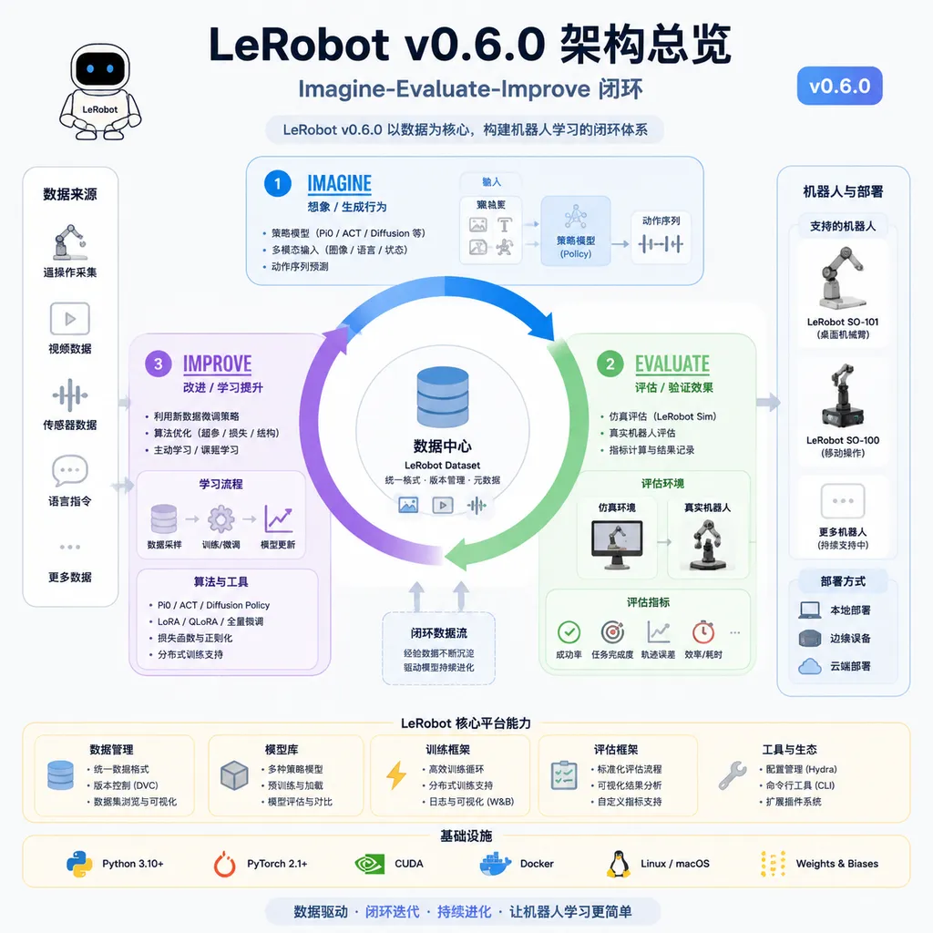 LeRobot v0.6.0 架构总览,展示 Imagine-Evaluate-Improve 闭环
