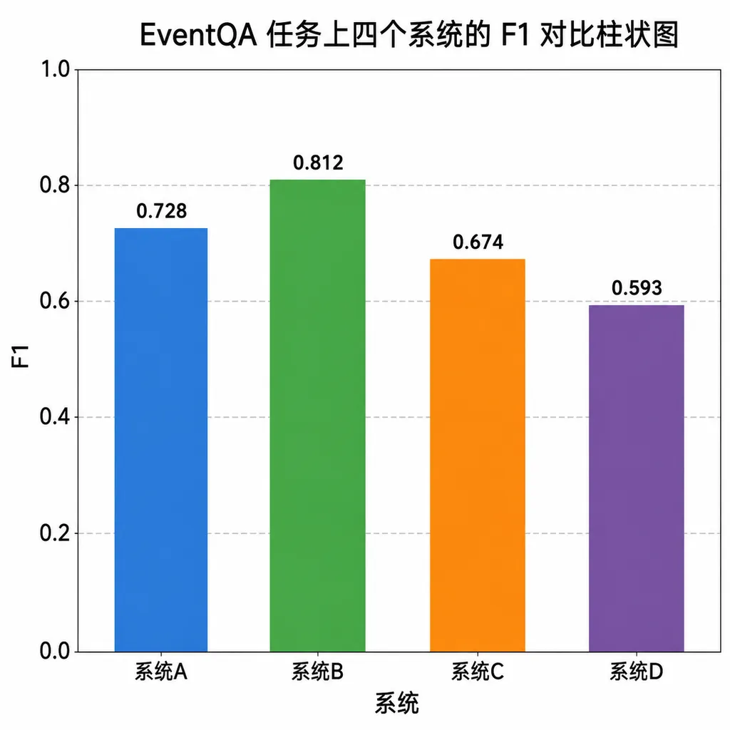 EventQA 任务上四个系统的 F1 对比柱状图
