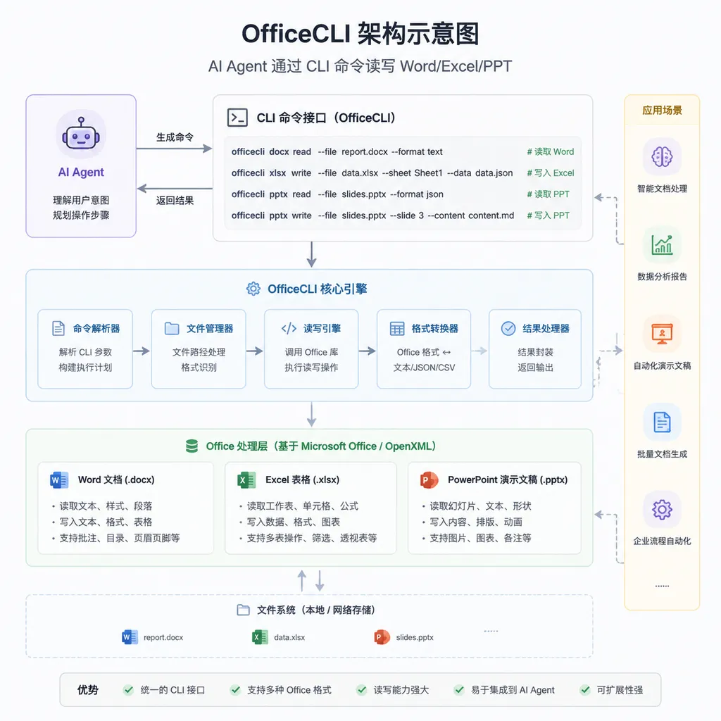 OfficeCLI 架构示意图,展示 AI Agent 通过 CLI 命令读写 Word/Excel/PPT