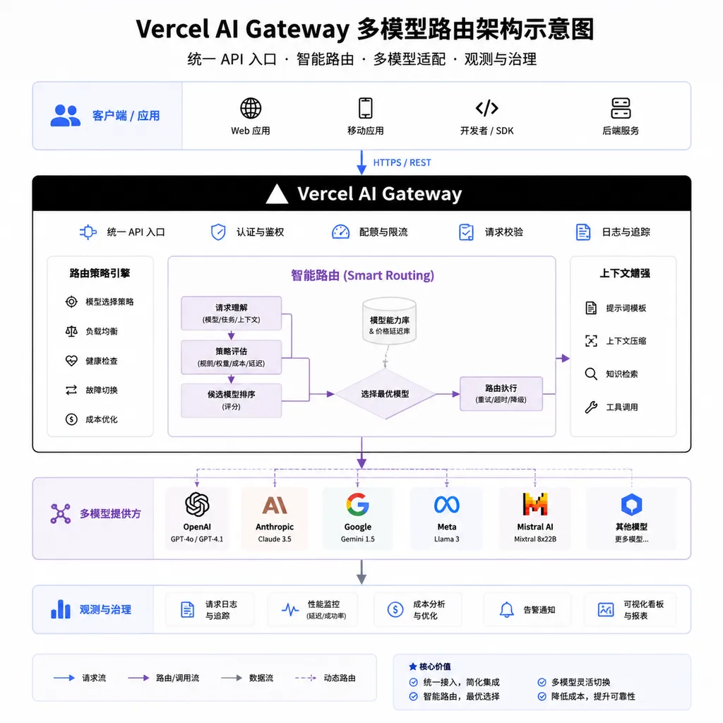 Vercel AI Gateway 多模型路由架构示意图