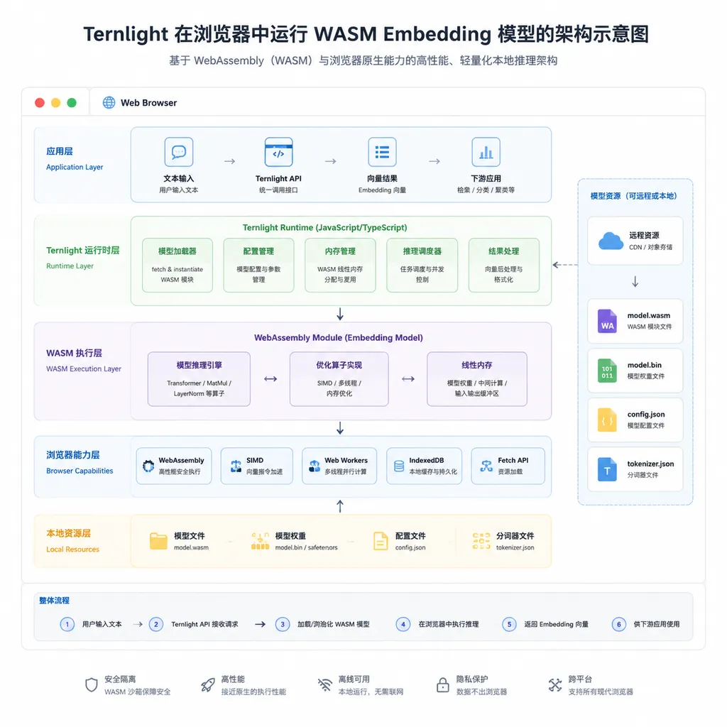 Ternlight 在浏览器中运行 WASM Embedding 模型的架构示意图
