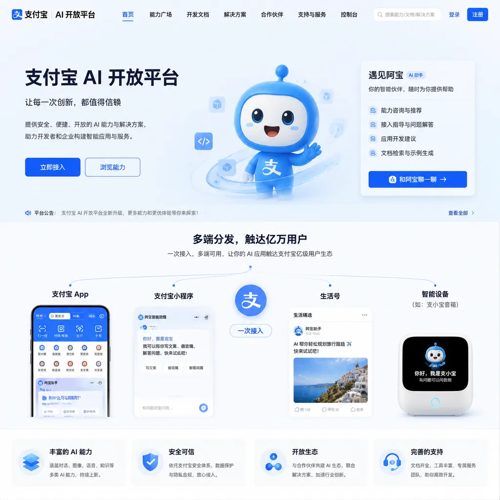 支付宝 AI 开放平台首页截图,展示阿宝入口和多端分发示意