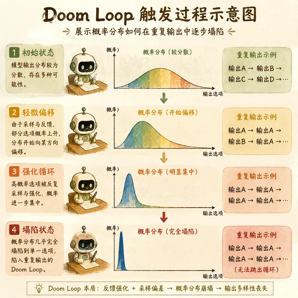 Doom Loop 触发过程示意图,展示概率分布如何在重复输出中逐步塌陷
