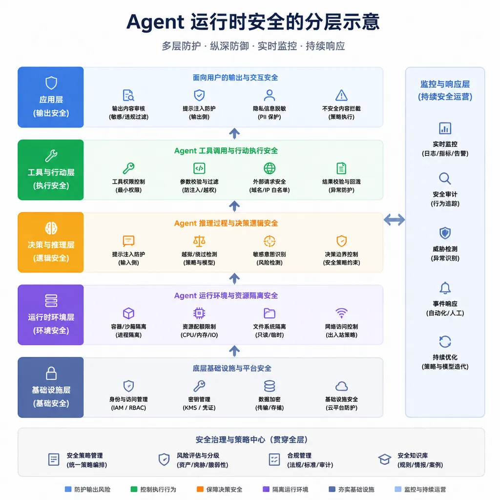 Agent 运行时安全的分层示意