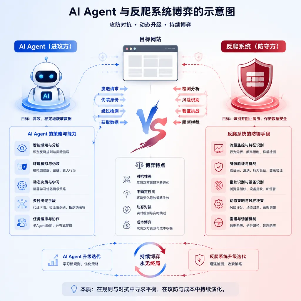 AI Agent 与反爬系统博弈的示意图
