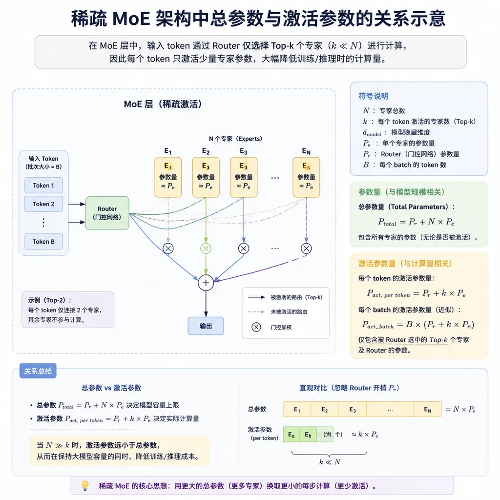 稀疏MoE架构中总参数与激活参数的关系示意