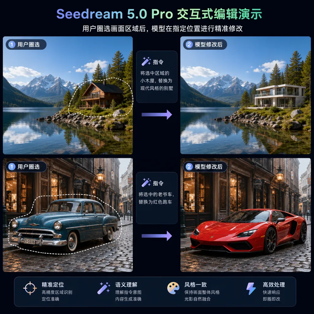 Seedream 5.0 Pro 交互式编辑演示——用户圈选画面区域后,模型在指定位置进行精准修改