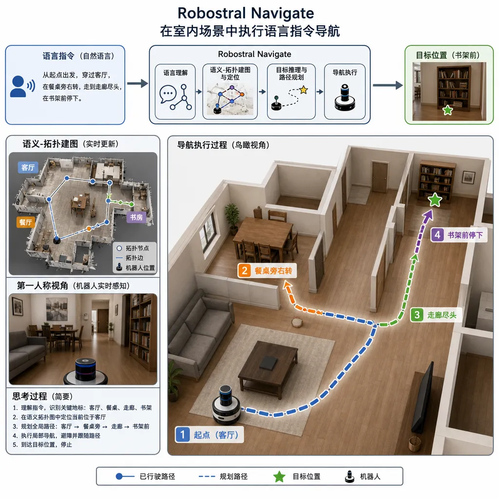 Robostral Navigate 在室内场景中执行语言指令导航的示意图
