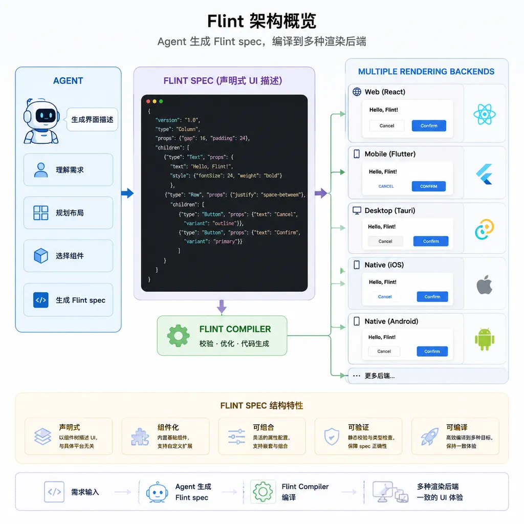 Flint 架构示意图,Agent 输出 Flint spec,编译到多种渲染后端
