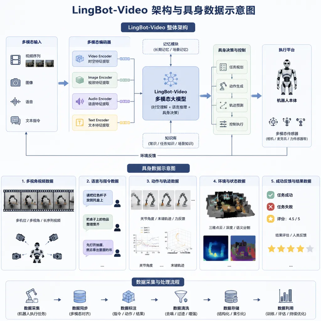 LingBot-Video 架构与具身数据示意图