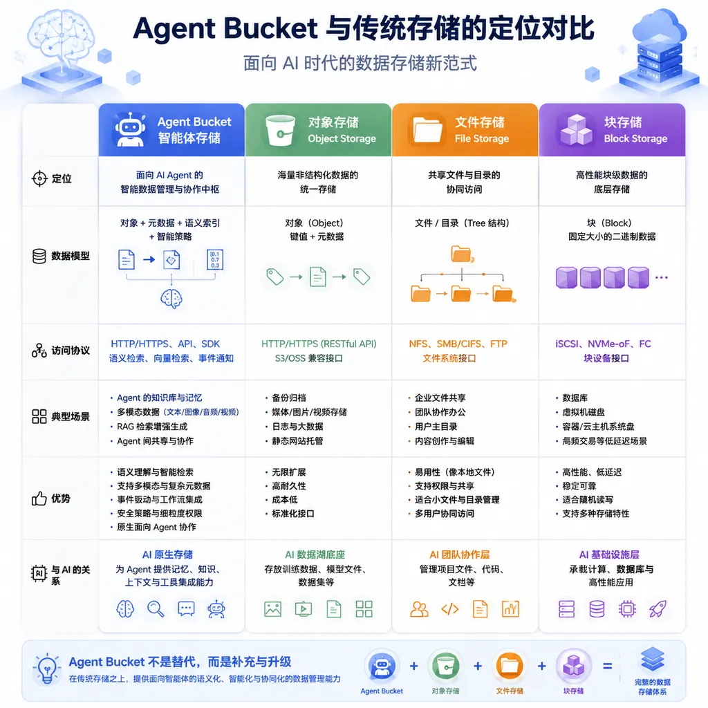 Agent Bucket 与传统对象存储、文件存储、块存储的定位对比