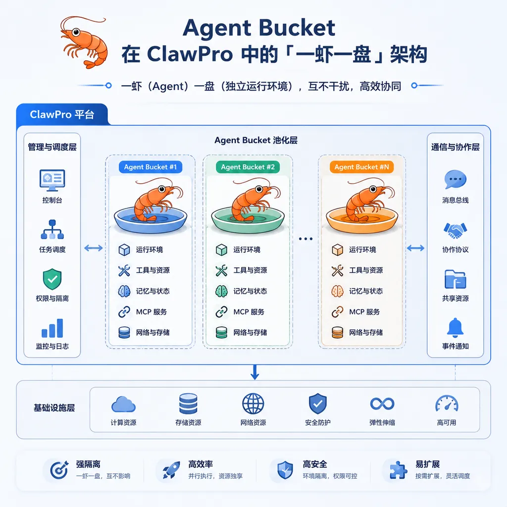 Agent Bucket 在 ClawPro 中的「一虾一盘」架构示意图