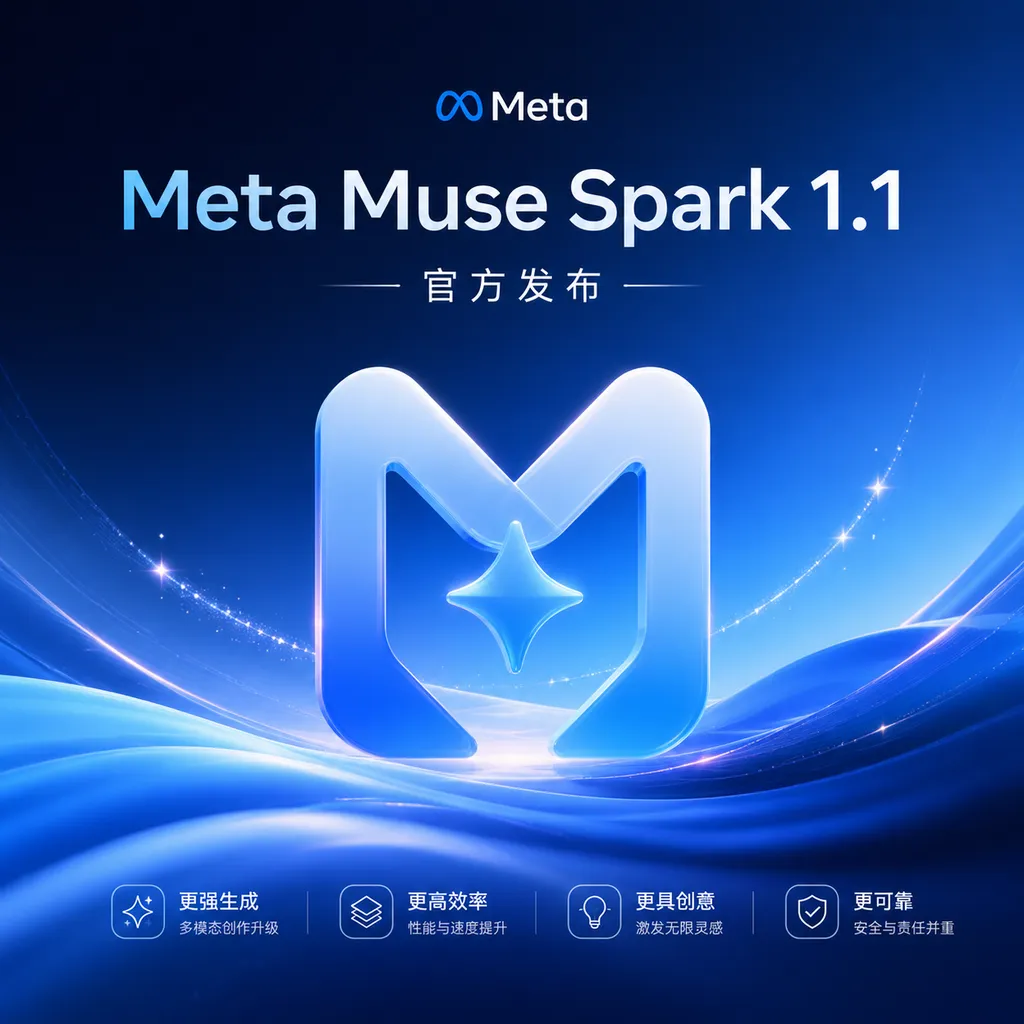 Meta Muse Spark 1.1 官方发布主视觉图,蓝色渐变背景配合模型徽标