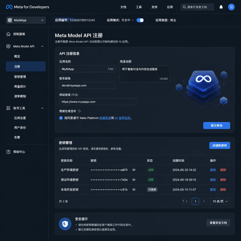 开发者控制台截图占位,展示 Meta Model API 注册与密钥管理界面