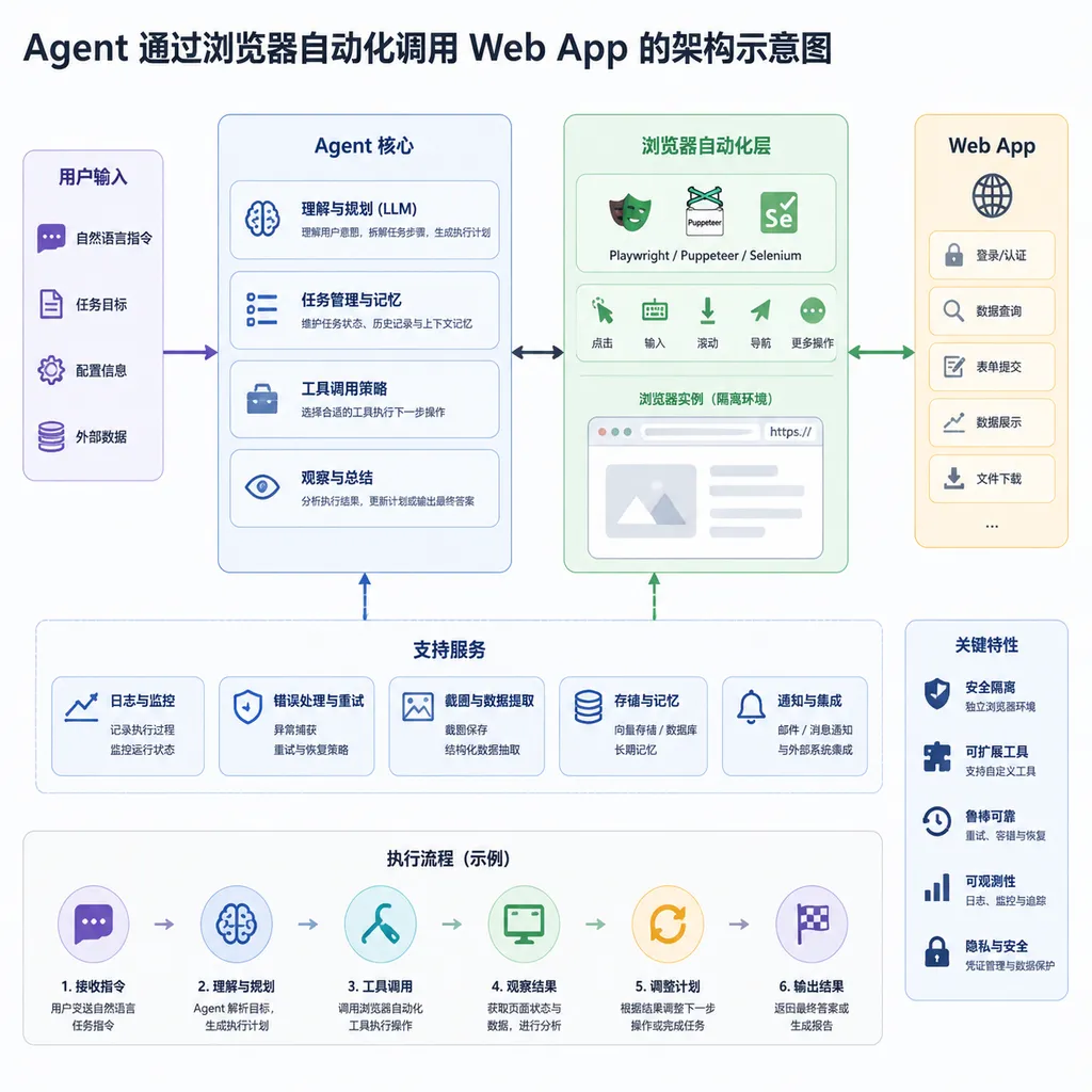 Agent 通过浏览器自动化调用 Web App 的架构示意图