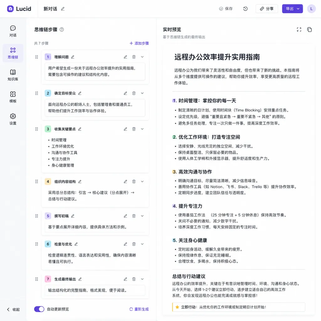 Lucid Web 界面截图,左侧是可编辑的思维链步骤列表,右侧是最终输出的实时预览