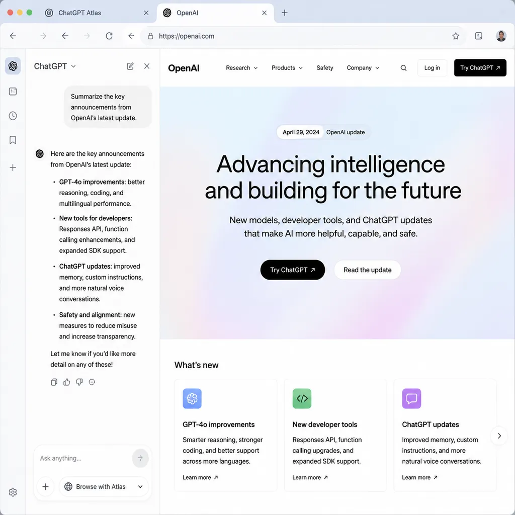 ChatGPT Atlas 浏览器界面截图,显示 ChatGPT 集成在浏览器侧边栏中