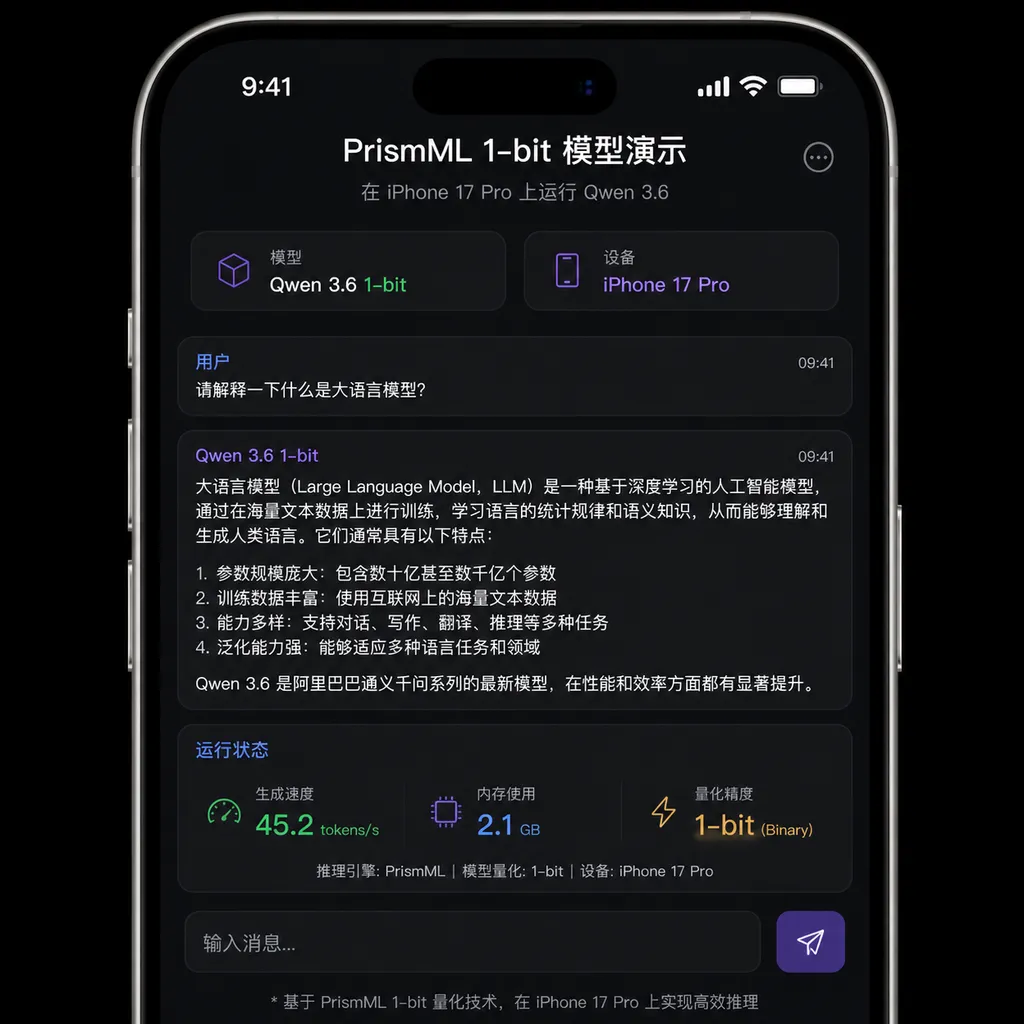 PrismML 1-bit 模型在 iPhone 17 Pro 上运行 Qwen 3.6 的演示界面