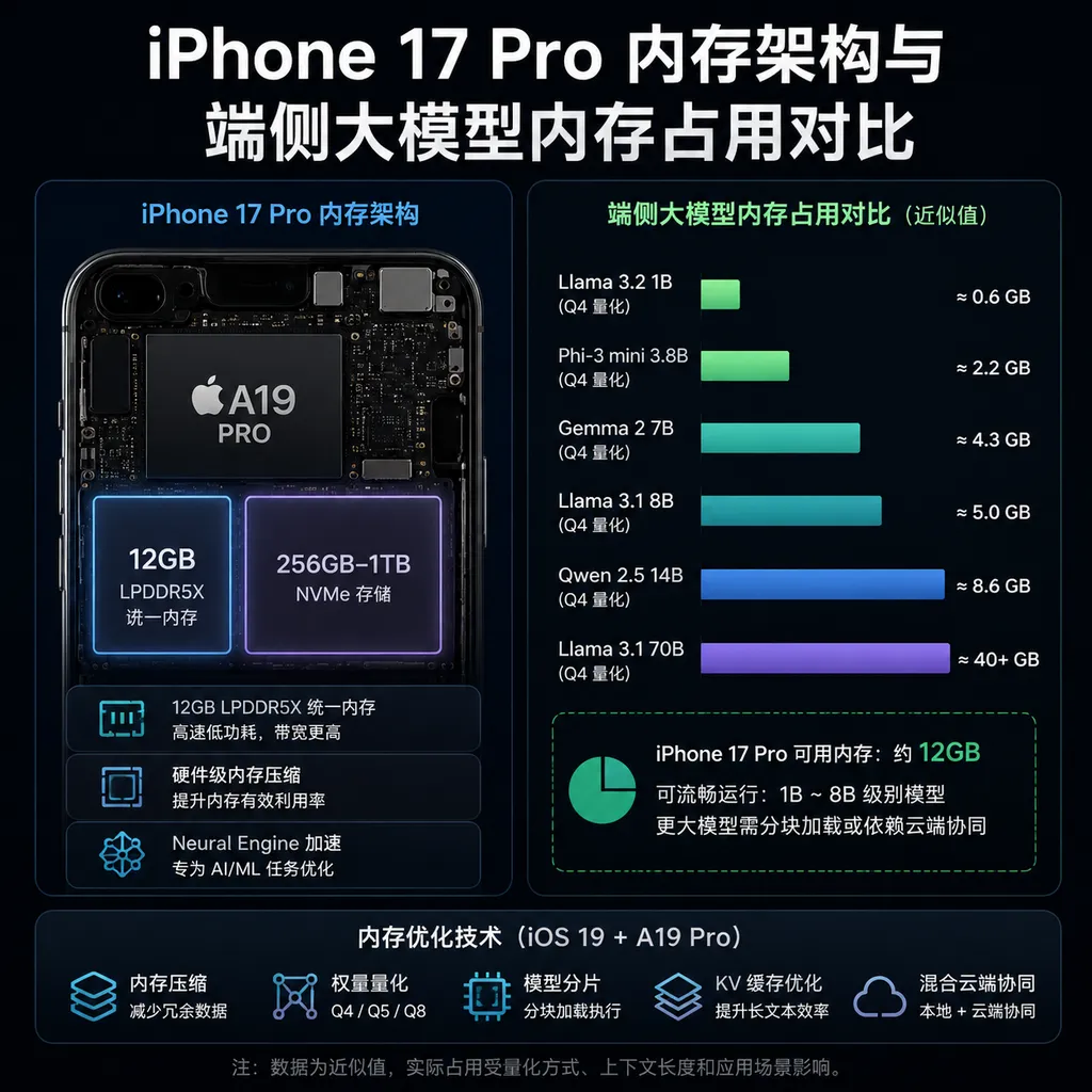 iPhone 17 Pro 内存架构与端侧大模型内存占用对比示意图