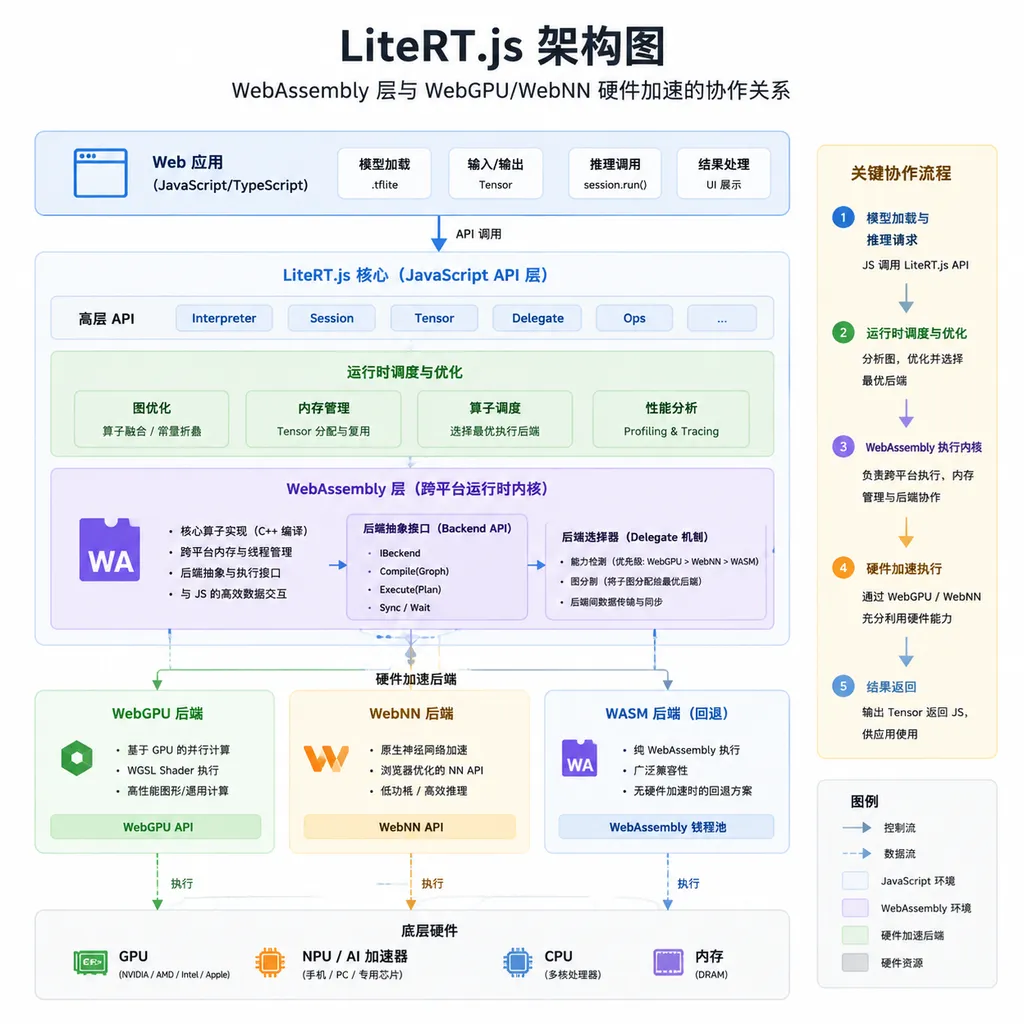 LiteRT.js 架构图,展示 WebAssembly 层与 WebGPU/WebNN 硬件加速的协作关系