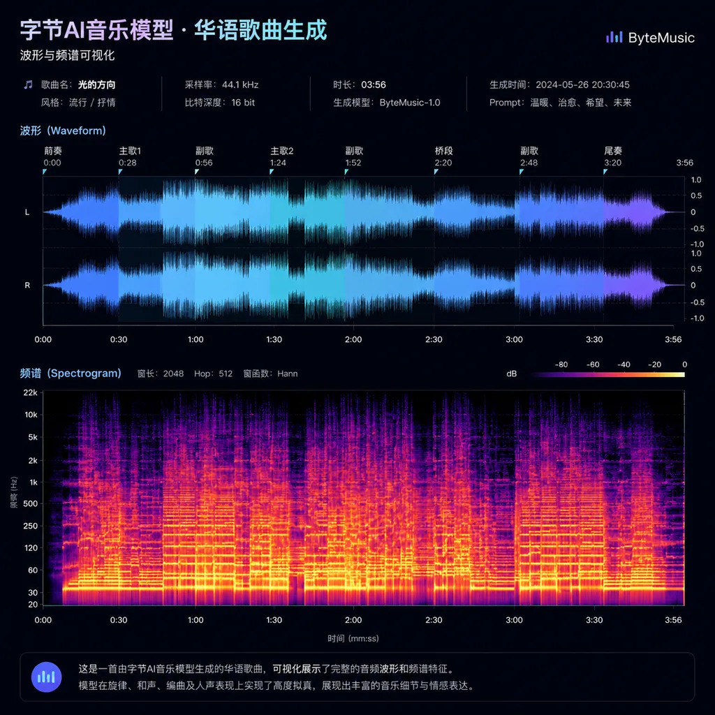 字节AI音乐模型生成华语歌曲的波形与频谱可视化