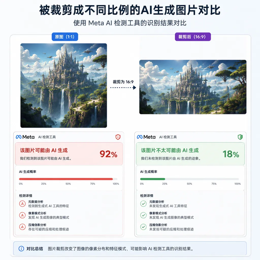 一张被裁剪成不同比例的AI生成图片对比,展示Meta检测工具在原图和裁剪图上的不同识别结果