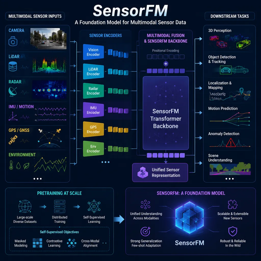 SensorFM 模型架构与多模态传感器输入示意图