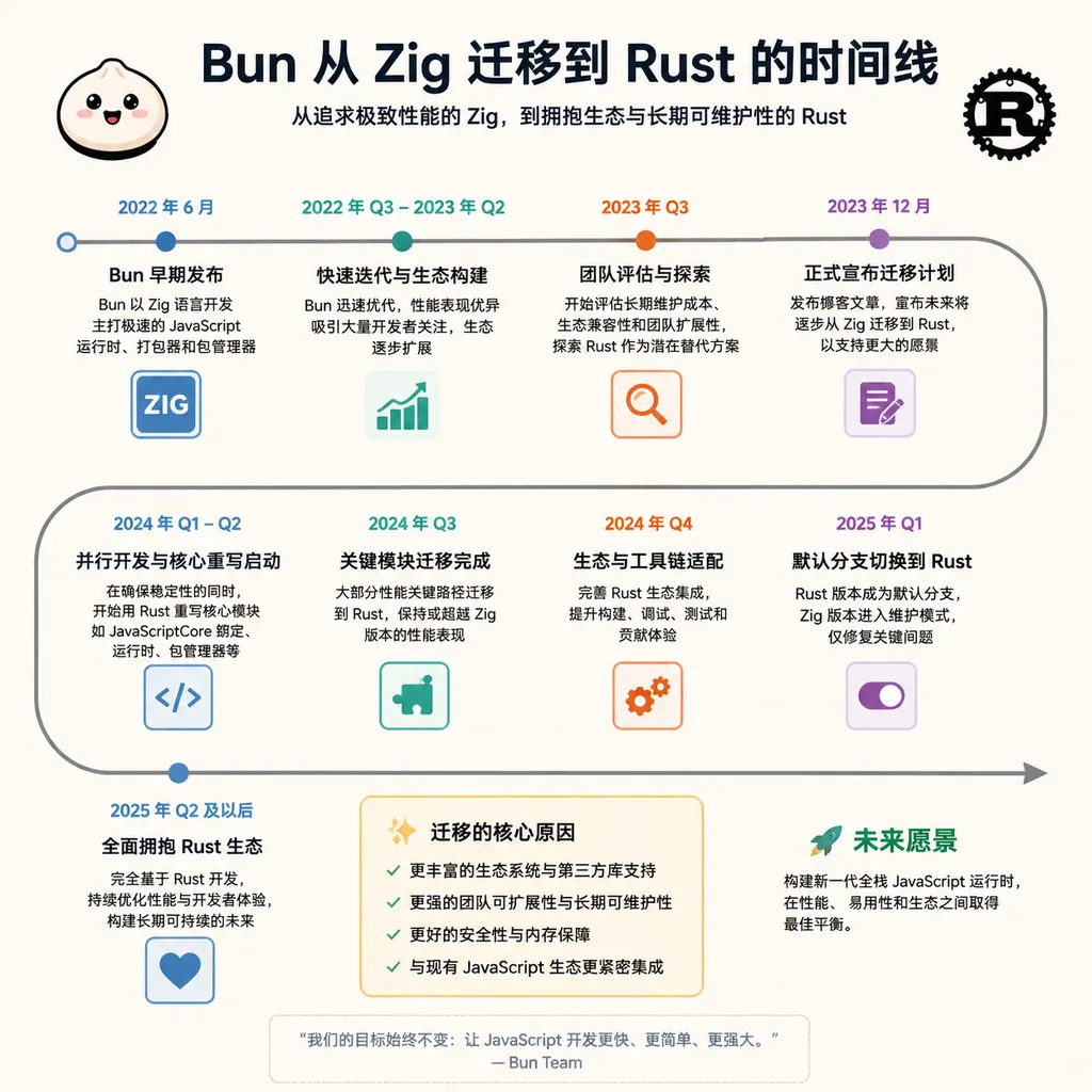 Bun 从 Zig 迁移到 Rust 的时间线示意图