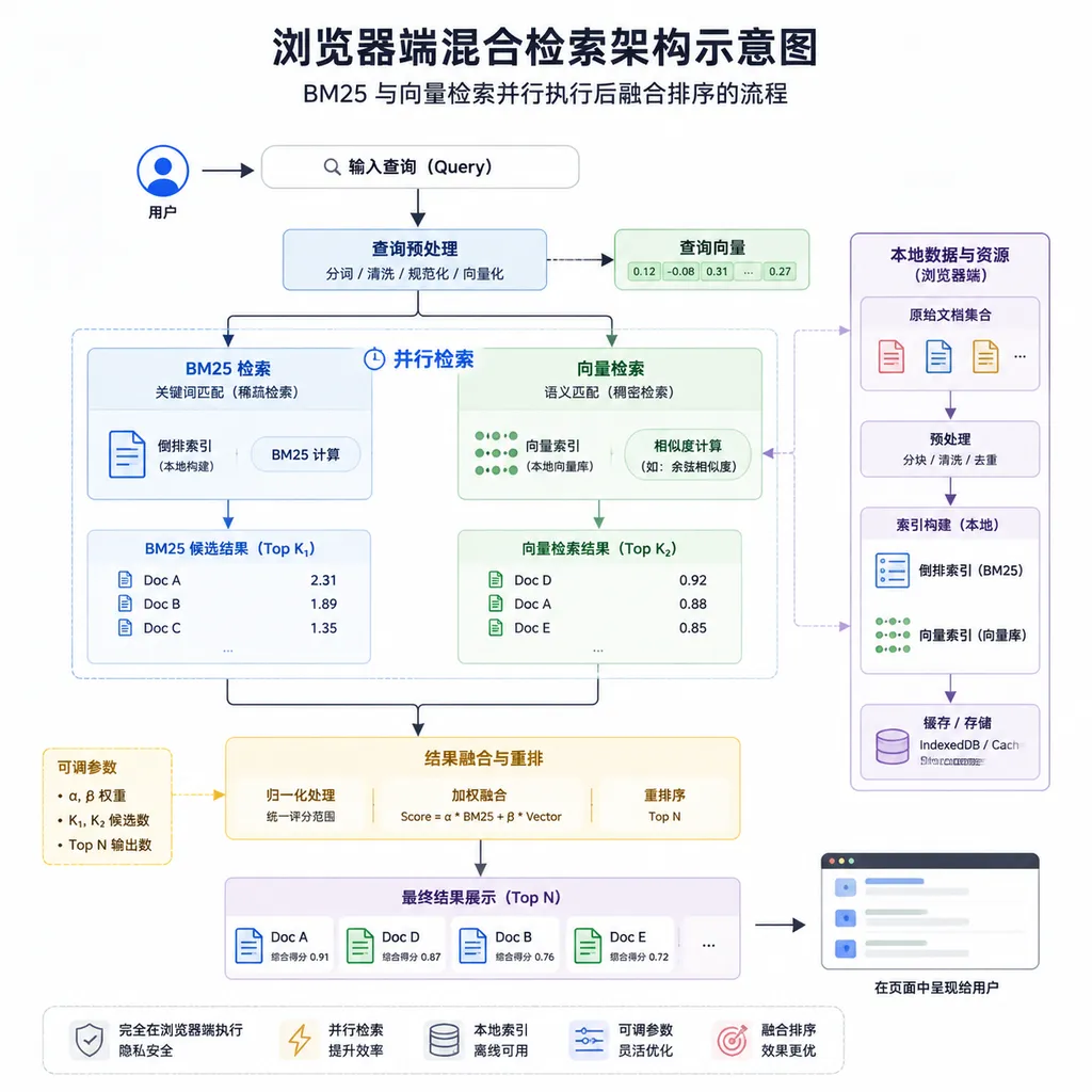 浏览器端混合检索架构示意图,展示 BM25 与向量检索并行执行后融合排序的流程