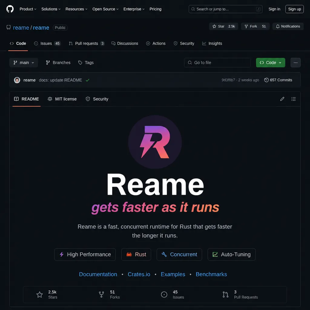 Reame 项目 GitHub 主页截图,展示项目 Logo 与「gets faster as it runs」标语