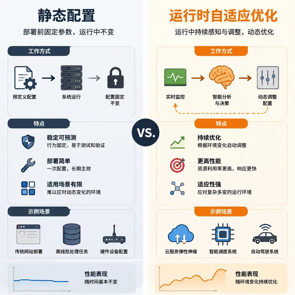 静态配置 vs. 运行时自适应优化的对比示意图