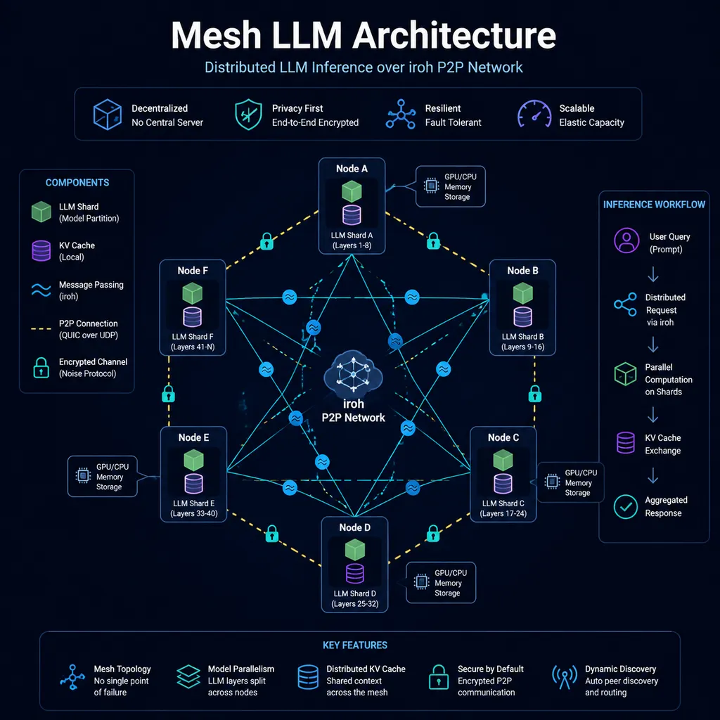 Mesh LLM 架构示意图,展示节点间通过 iroh P2P 网络协同完成 LLM 推理任务的拓扑结构