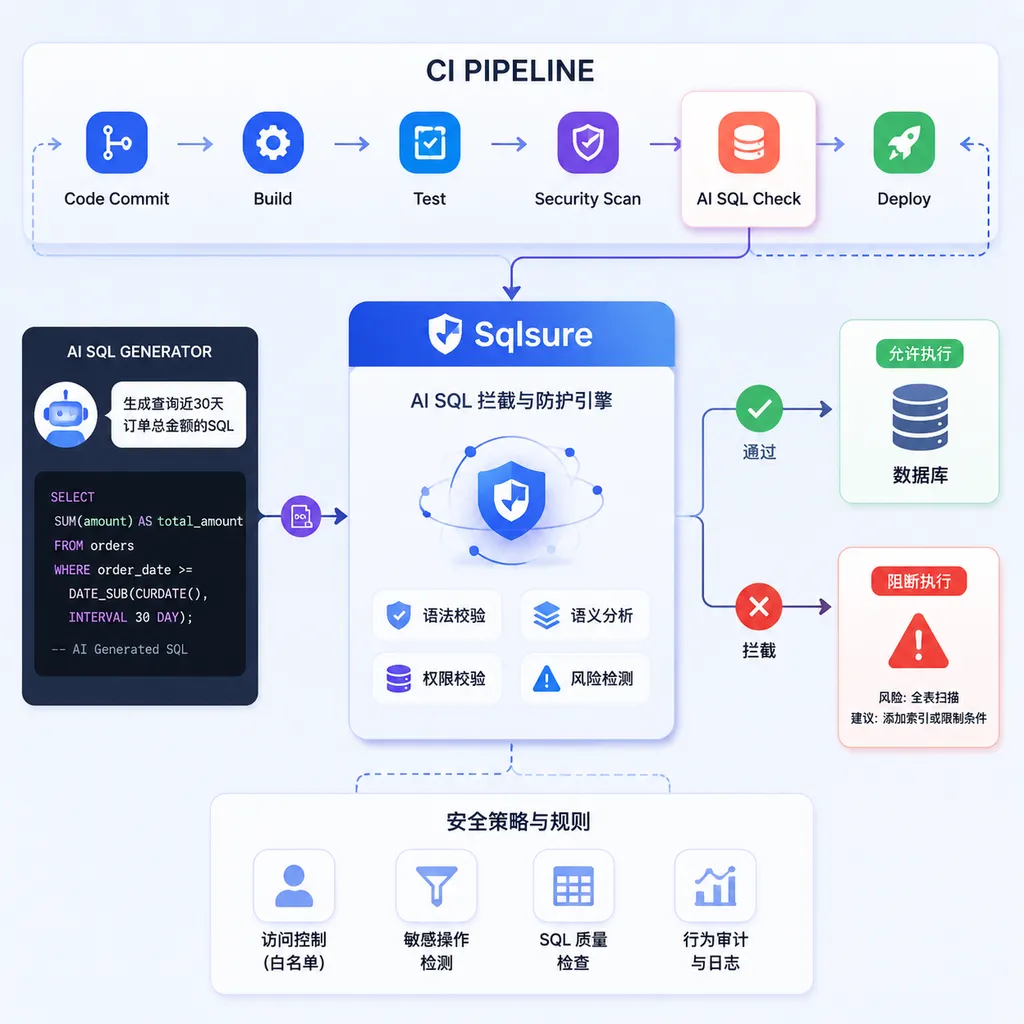 Sqlsure 在 CI 流水线中拦截 AI 生成 SQL 的示意图