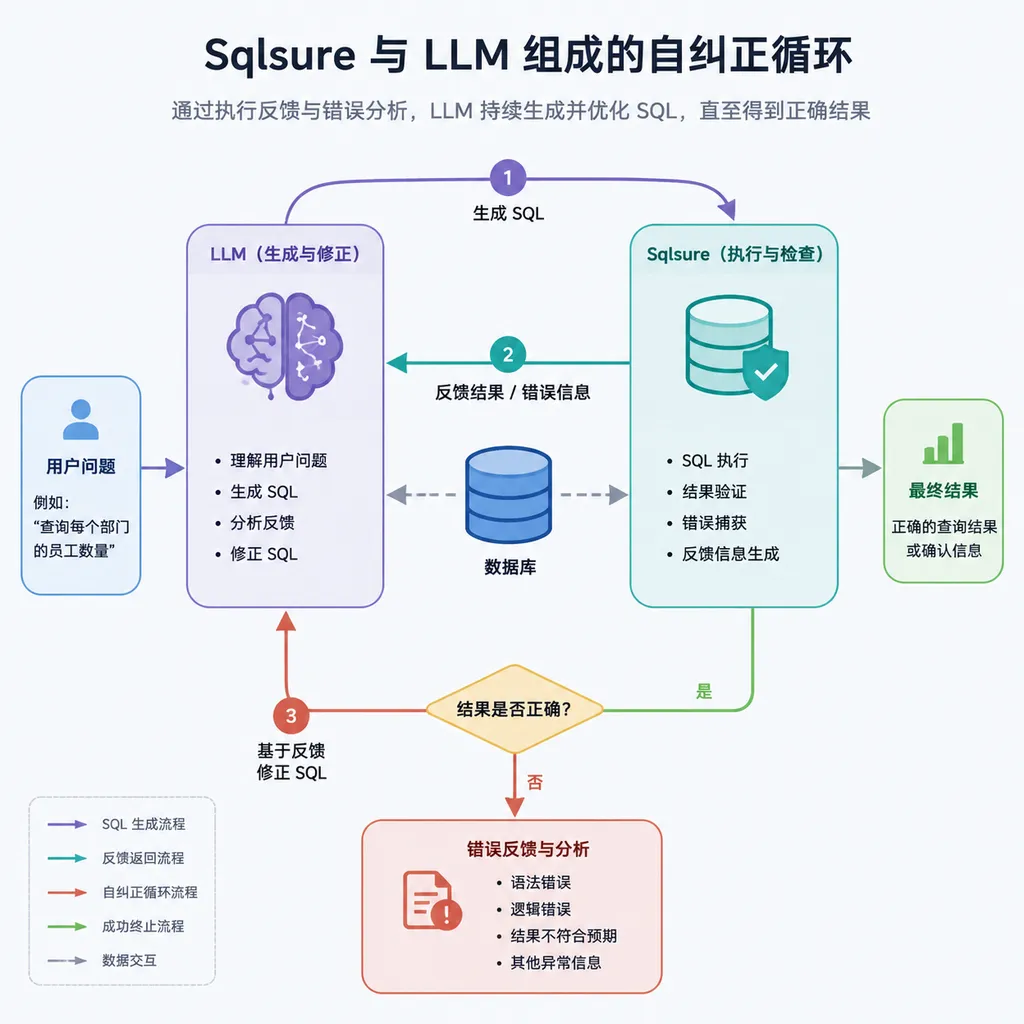 Sqlsure 与 LLM 组成的自纠正循环示意图