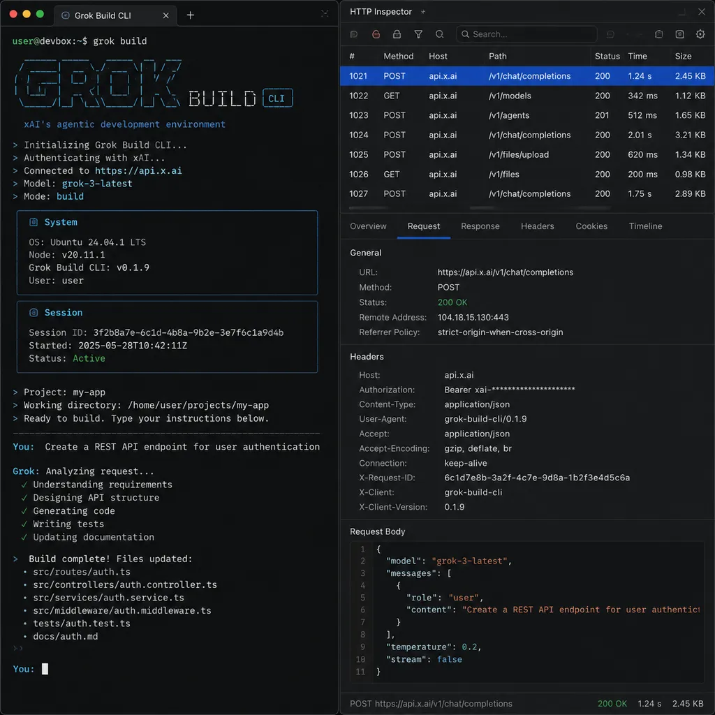 终端中运行 Grok Build CLI 的界面与右侧网络抓包工具并排显示,展示其向 api.x.ai 发送的请求