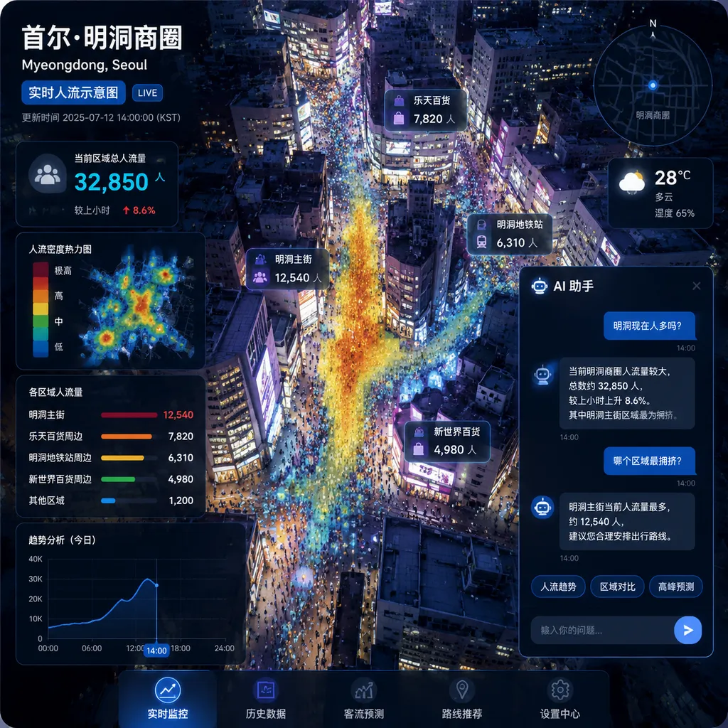 首尔市中心明洞商圈实时人流示意图,叠加 AI 助手对话界面