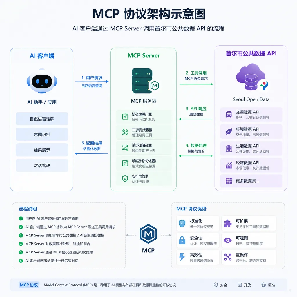 MCP 协议架构示意图,展示 AI 客户端通过 MCP Server 调用首尔市公共数据 API 的流程