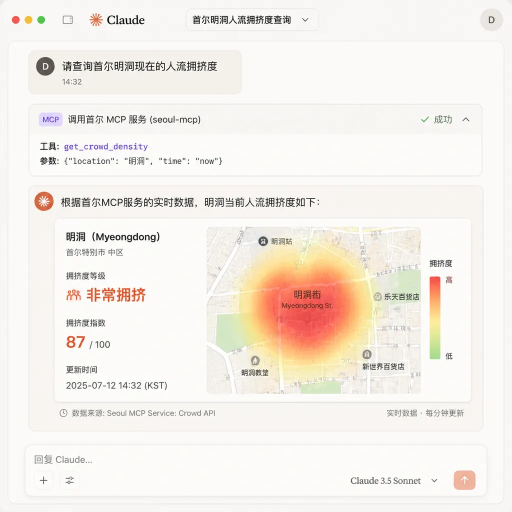 Claude 客户端调用首尔 MCP 服务,实时返回明洞人流拥挤度的对话截图示意