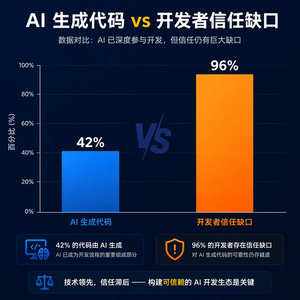 图表展示 42% AI 生成代码 vs 96% 开发者信任缺口的柱状对比