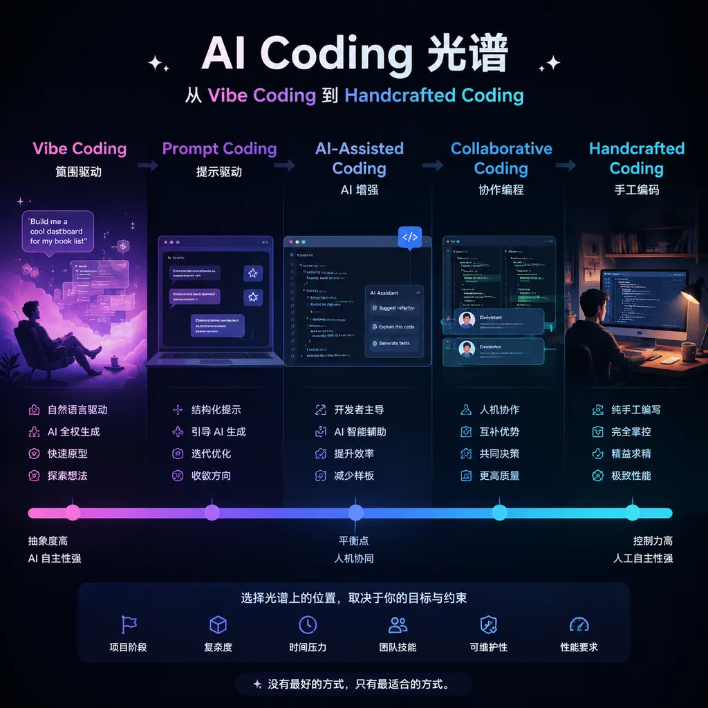 一张"AI Coding 光谱"示意图,从 Vibe Coding 一路延伸到 Handcrafted Coding
